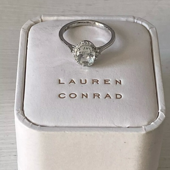 LC Lauren Conrad 10k White Gold Green Quartz & 1/8 Carat Diamond Oval Halo Ring - Picture 5 of 5